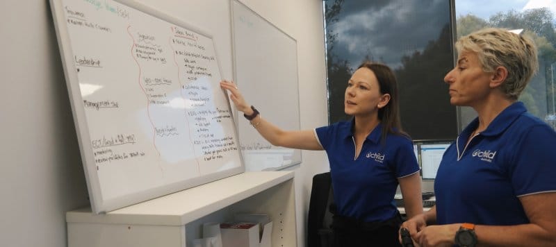 Two educators look at a white board and talk