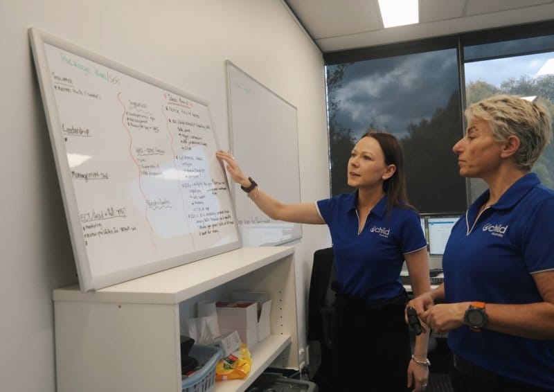Two educators look at a white board and talk